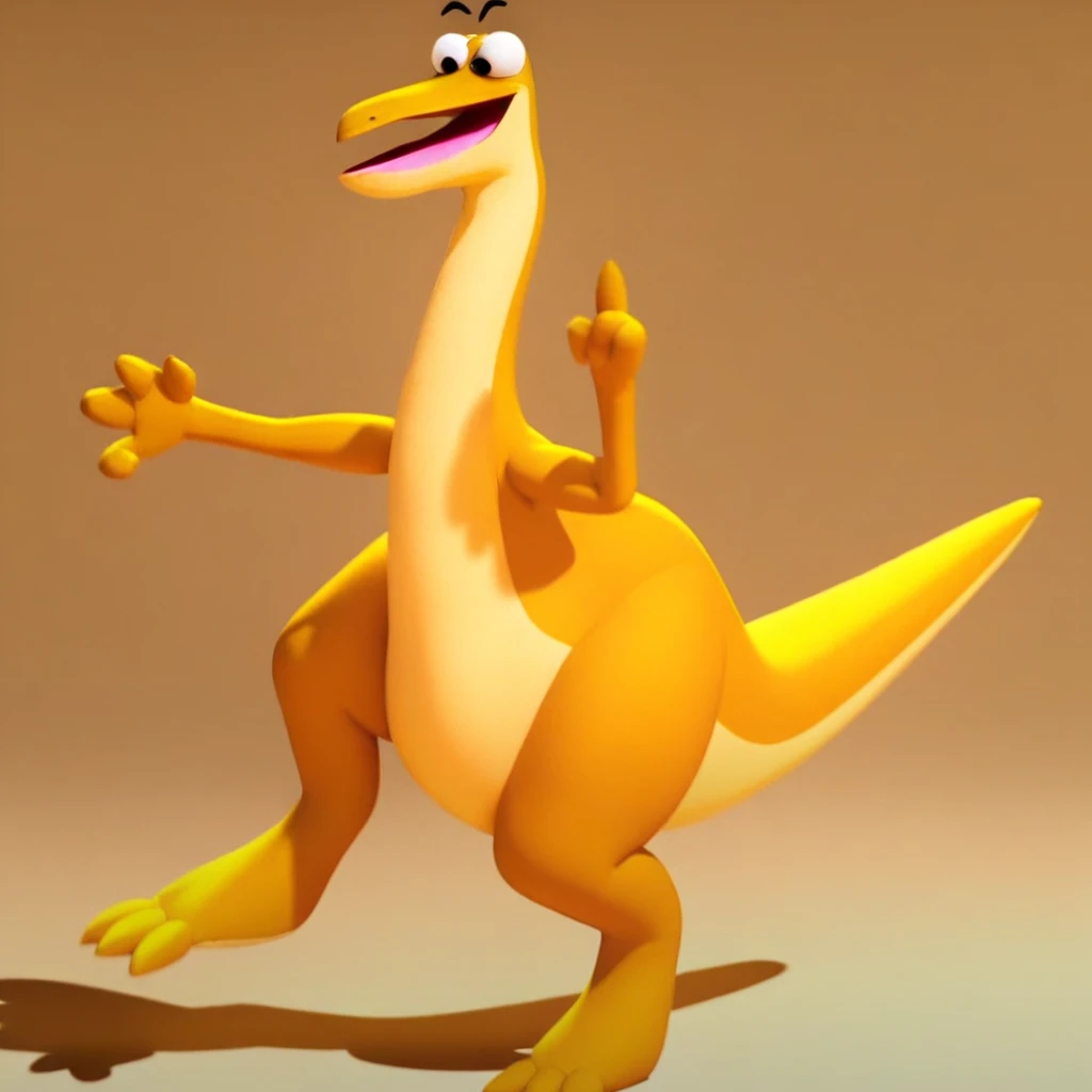 STURE, dinosaur, yellow scales, yellow skin, light yellow belly, long neck, small head, long snout, floating eyebrows, eyebrows, big eyes, digitigrade, 4 fingers, 3 toes, thick thighs, long legs, big belly, tail, long tail