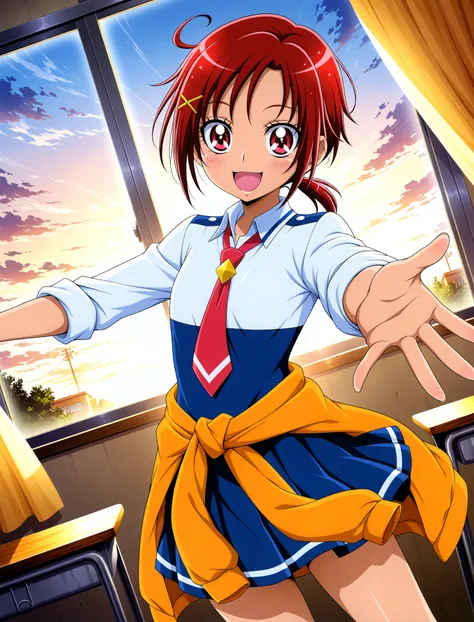 official style, 
1girl, solo, 
hino akane (smile precure!), smile precure!, red hair, hairpin, low ponytail, red eyes, nanairogaoka middle school uniform, red necktie, clothes around waist, 
dutch angle, posing, blush, imminent hug, incoming hug, sunset, s...