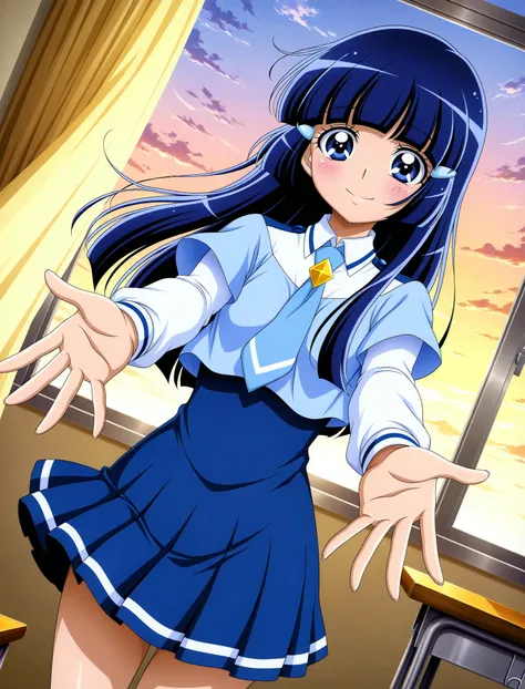 official style, 
1girl, solo, 
aoki reika, smile precure!, straight hair, long hair, blue hair, blunt bangs, blue eyes, nanairogaoka middle school uniform, blue necktie, layered sleeves, short over long sleeves, blue tops, white sleeves, 
dutch angle, posi...