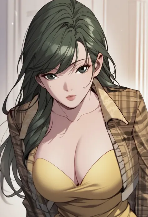 score_9, score_8_up, score_7_up, BREAK, LiuQinger, green hair, long hair, green eyes, mole under eye, large breasts, LiuDisguise,
cleavage, long hair, plaid, jacket, open jacket, yellow dress, 1girl, solo,