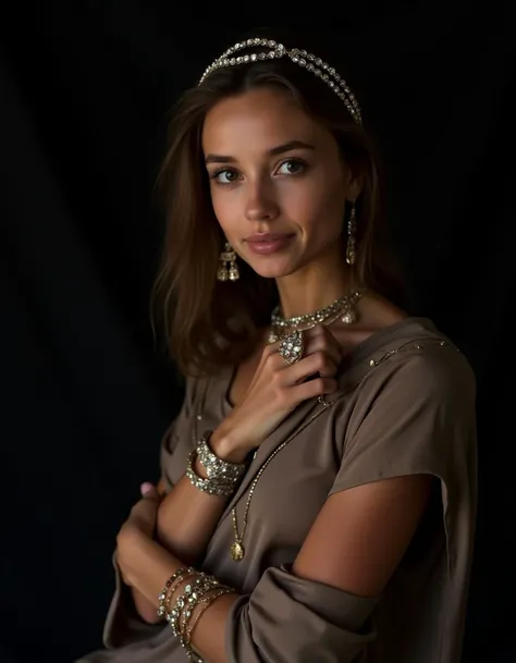 an underexposed photograph by Shepard Fairey portraying a Lovely woman  in a bohemian outfit with shiny jewelery, dark background, Quizzical <lora:ShatkoFlux1:1>