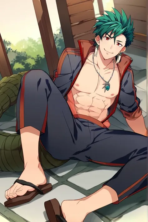 score_9,score_8_up,score_7_up,score_6_up,score_5_up,score_4_up,1boy,Kubira,red eyes,tooth earrings,short sleeves,bare pectorals,necklace,black track jacket,black track pants,crocodilian tail,sandals,sitting,smile,<lora:Kubira_pony:1>,