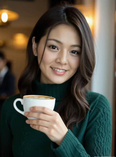 A professional photograph of a 22yo Asian woman Tsubasa_Akimoto wearing a dark green cableknit sweater in a cafe, holding a latte, detailed skin, bokeh, female focus, SFW<lora:Tsubasa_Akimoto:1>