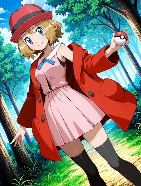 (sugimori ken (style):0.5), official style,
1girl, solo, 
serena (pokemon), pokemon (anime), blonde hair, blue eyes, red hat, short hair, pink dress, red coat, sleeveless, black thighhighs, 
dutch angle, posing, holding poke ball, official art, sunny outdo...