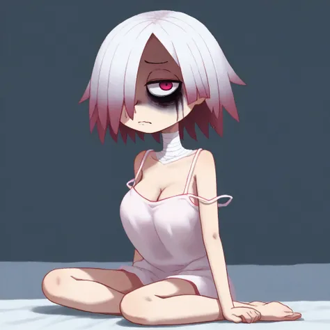 score 9 up, score 8 up, solo,1girl, white hair, hair over one eye, two-tone eyes, pink eyes, red eyes, white clothing, spaghetti_strap, oversized blouse, breasts, bags under eyes, mascara, bandaged_neck, bare legs, aliasing,