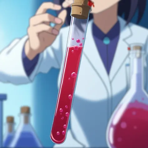 1girl, drinking, test tube, partially full, one test tube, red liquid, bubbles, potion, anime, depth of field, labcoat, 1girl