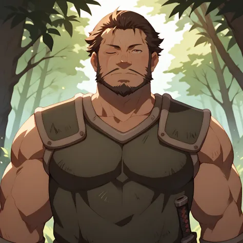 score_9, score_8_up, score_7_up, (guivre), solo, facial hair, beard, bara, mature male, muscular male, chubby, armor, detailed face, right eye closed, outside, green forest,  <lora:Guivre_Handyman_Saitou:0.9>