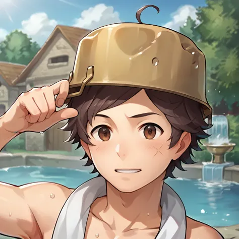 score_9, score_8_up, score_7_up, score_6_up, masterpiece, 1boy, male focus, upper body, topless, pot helmet, looking at viewer, adjusting headwear, outdoors, townsquare, medieval, day, fountain, sweat, wet BREAK donnel, brown hair, brown eyes, scar on face...