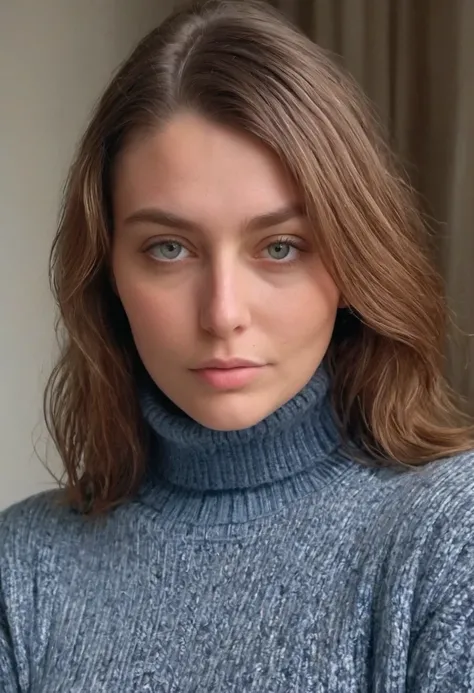 realistic photo of a woman, looking at the viewer, (sharp focus, highly detailed, 4k, 8k, best quality, masterpiece, ultra highres:1) <lora:Women:0.75>, 1girl, solo, portrait, wearing a turtleneck sweater, wearing jeans, standing