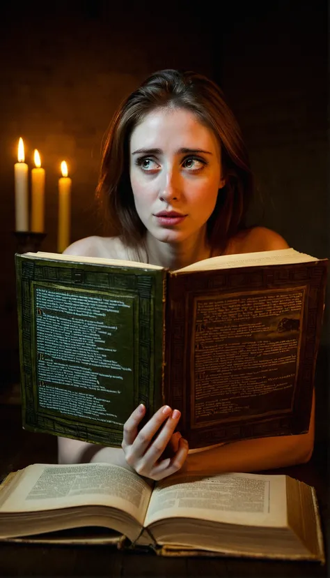 score_9, score_8_up, score_7_up, score_6_up, realistic, 1girl, attractive woman, Scene description: 1girl in Greek mythology sits in a dim study, holding a yellowed ancient book in her hand, the pages of which are full of legends about her. She looks focus...