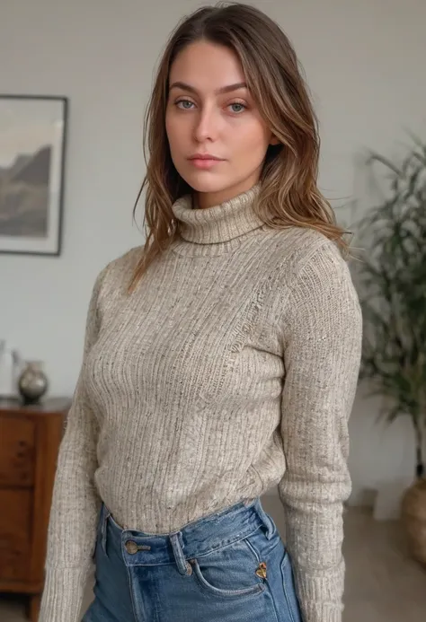 realistic photo of a woman, looking at the viewer, (sharp focus, highly detailed, 4k, 8k, best quality, masterpiece, ultra highres:1) <lora:Women:0.75>, 1girl, solo, portrait, wearing a turtleneck sweater, wearing jeans, standing