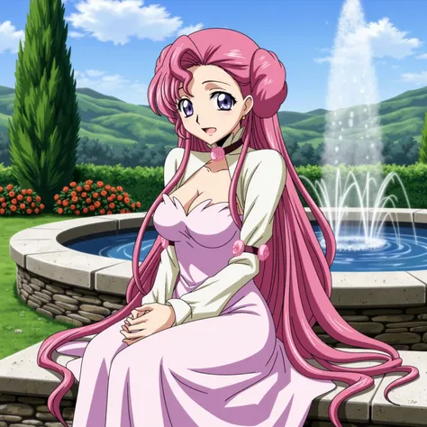 Anime scene of a girl sitting on a stone bench in a scenic garden. There is a fountain behind her. The girl has purple eyes and long pink hair. She is wearing a white and pink dress. The girl is smiling warmly at the viewer. The image is highly detailed an...