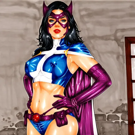 <lora:mariahbenes_pony_v1:1> score_9, mariahbenes_style, mariahbenes, source_artwork  <lora:huntress_pony_v1:0.7> huntressdccomics, 1girl, solo, black hair, superhero, large breasts, mask, utility belt, cape, long hair, elbow gloves, navel, midriff, blue e...