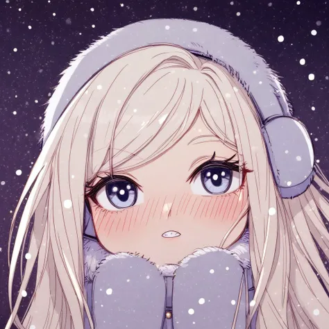 sadeer, chibi, illustration, charact portrait, simple coloring, very long hair, blushing, face focus, buck teeth, looking at viewer, ushanka, mittens, winter coat