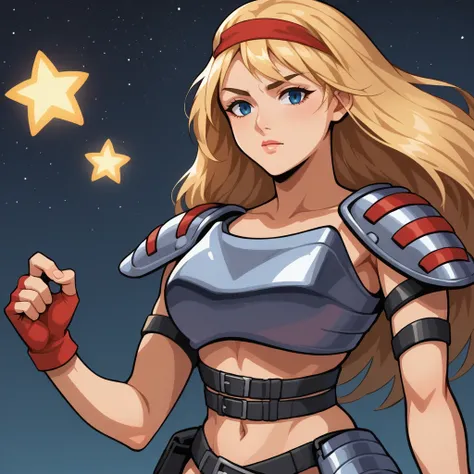 score_9, score_8_up, score_7_up, BREAK best quapoty, absurdres, highres, source_anime, <lora:PDXL_SheenaCHC-000010:1>, night sky, stars, SheenaCHC, 1girl, fingerless gloves, hairband, breastplate, navel, belts, pauldrons, upper body