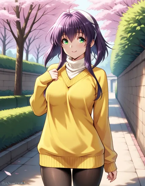 (masterpiece, best quality, very aesthetic, ultra detailed),  <lora:madokakodozuki_v1:1>,madokakodozuki, purple hair, green eyes,smile, cowboy shot, yellow sweater,  outdoors,