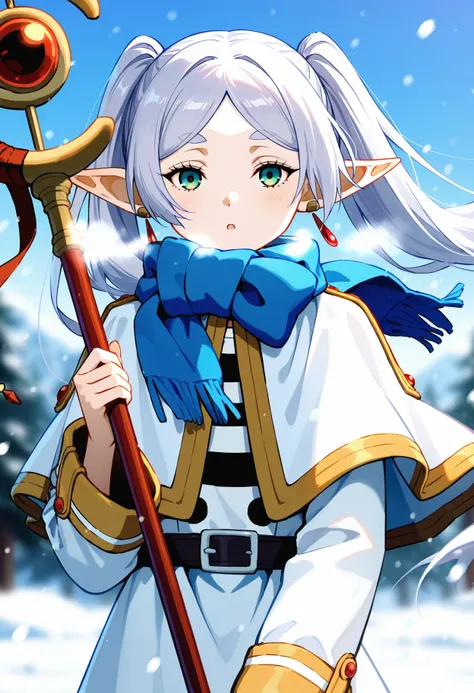 1girl, frieren, sousou no frieren, :o, blue scarf, blurry, blurry background, buttons, coat, double-breasted, earrings, elf, flo...