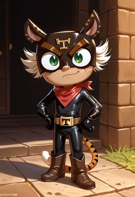 score_9, score_8_up, score_7_up, CuteCartoonStyle, 1boy, solo, male focus, El_Tigre, Mask, Green Eyes, white sideburns, Freckles, Cat Ears, Black Bodysuit, belt buckle, brown boots, Red Bandana around neck, Gloves, tail,