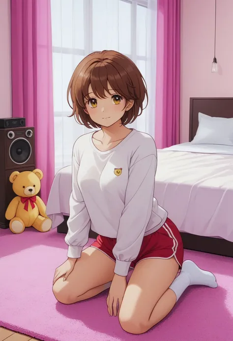 Create an image of a beautiful Y4ek0, soft, fair pink complexion, sweet, vibrant expression, bright brown eyes, short hair, brown hair, wears a white long-sleeved shirt with a yellow teddy bear on it, red shorts, white socks, noble, graceful appearance, se...