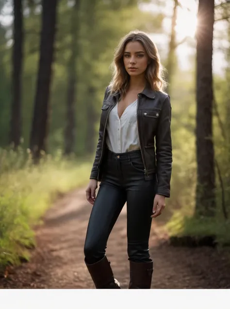 A portrait photograph of Amanda_Larsson_P_MXAI_SDXL walking through the woods, wearing a leather duster, wearing leather pants, wearing a white shirt, wearing black boots, walking towards the camera, golden hour, god rays, (((Ultra-HD-details, Ultra-HD-det...