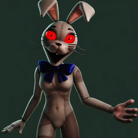 Rabbit costume, rabbit ears, red eyes, blue bow, furry, stitches,Vanny_FNAF