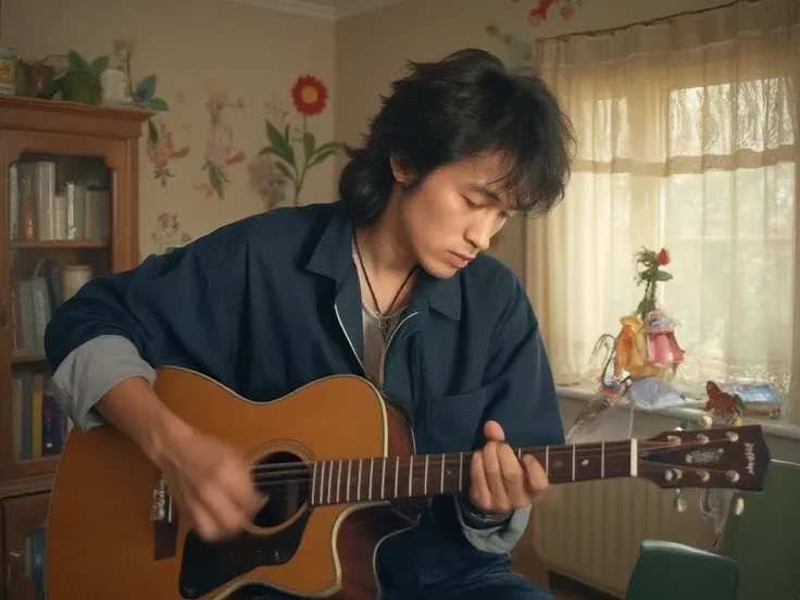 one men playing guitar in a childrens house