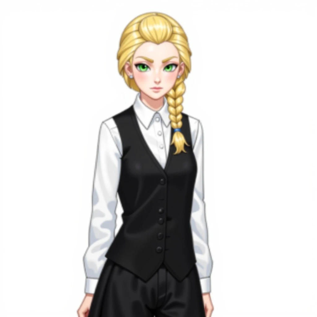 Tb_artstyle, monochrome,1girl,blonde hair,single braid,green eyes,white shirt,collared shirt,hair over shoulder,black vest,black skirt,(((upper body)))