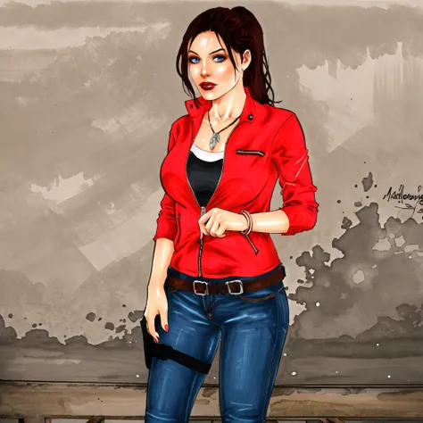 <lora:mariahbenes_pony_v1:1> score_9, mariahbenes_style, mariahbenes, source_artwork  <lora:clairere2remake_pony_v1:.8> ClaireResidentEvil2Remake, 1girl, large breasts, denim, brown hair, belt, jewelry, red jacket, jeans, pants, ponytail, necklace, long ha...