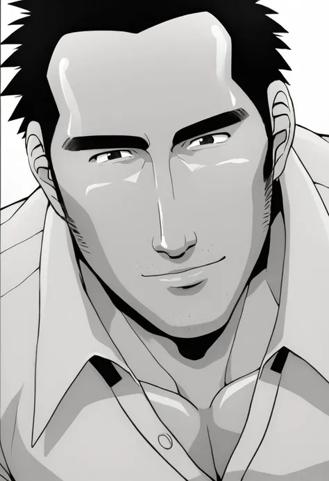 gakugaku, gakuf, gakurannnn, solo, looking at viewer, short hair, shirt, 1boy, monochrome, upper body, comic, greyscale, muscular, facial hair, thick eyebrows, pectorals, muscular male, spiked hair, bara, large pectorals, sideburns, mature male, stubble, p...