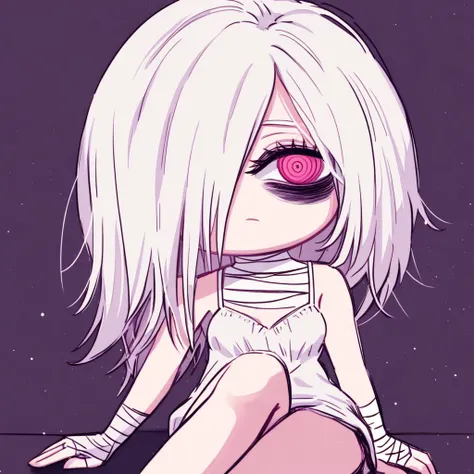 sadeer, chibi, solo,1girl, facility, white hair, hair over one eye, pink eyes, red eyes, white clothing, spaghetti_strap, blouse, bags under eyes, mascara, bandaged_neck, bare legs, looking at viewer,