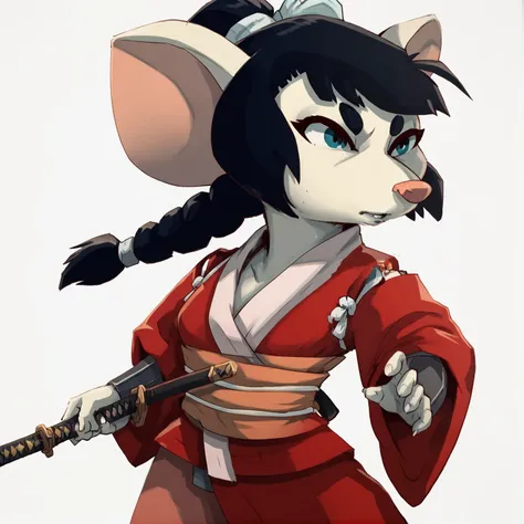 score_9,score_8,score_7,source_furry,
<solo:1.5>,
<1girl:1.5>,
1girl, akane_curse_sea_rats, akane_rat, black hair, blue eyes, braid, furry, furry female, holding weapon, japanese clothes, katana, rat girl, sword, white background,
<lora:Akane_Curse_of_the_...