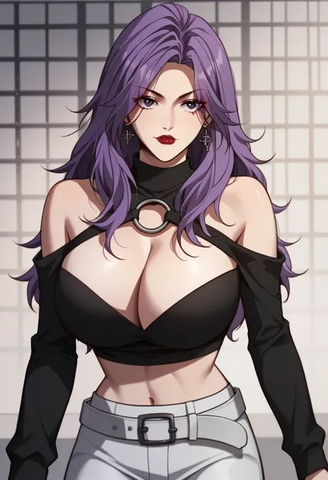 score_9, score_8_up, score_7_up, BREAK, XiangXianan, long hair, purple hair, purple eyes, large breasts, makeup, red lips, red nails, XiangCasual, cleavage cutout, black crop top, long sleeves, o-ring, bare shoulders, off shoulder, midriff, white belt, whi...