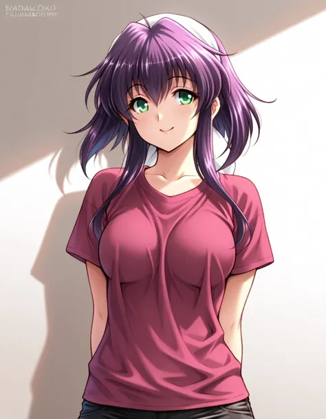 (masterpiece, best quality, very aesthetic, ultra detailed),  <lora:madokakodozuki_v1:1>,madokakodozuki, purple hair, green eyes,smile, cowboy shot, shirt,