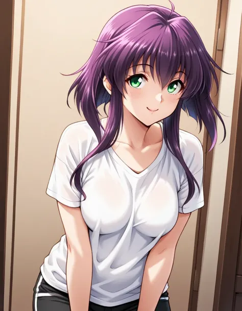 (masterpiece, best quality, very aesthetic, ultra detailed),  <lora:madokakodozuki_v1:1>,madokakodozuki, purple hair, green eyes,smile, cowboy shot, shirt,