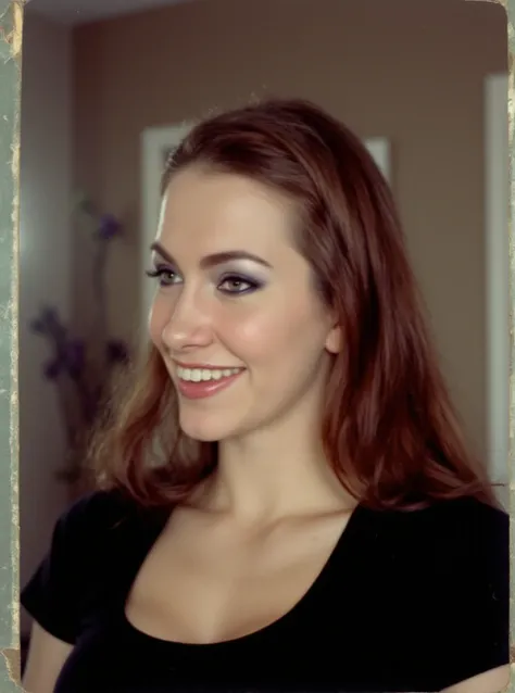 1970s, 70s, blurry old photograph of chr0n1cl0ve69 woman smiling, wearing a black tshirt, in a living room, detailed face, in the 70s, bleached scratched damaged torn smudged dirty wrinkled polaroid, kodak portra 400, cine film still, natural lighting, hig...