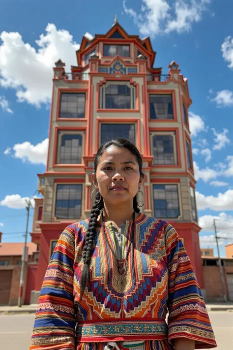 neoandean1. Closeup photo of a Peuvian woman in a traditional Andean clothing
The background is a multi-story building stands tall against a backdrop of a clear blue sky dotted with white clouds. The buildings facade is adorned with a variety of vibrant co...