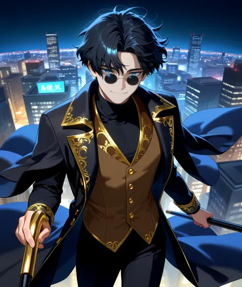 masterpiece, best quality, very aesthetic,  1boy, solo,  black hair, messy hair, blue eyes,   black turtleneck,  thick hair,  black clothes,  (gold trim), bangs, brown vest, gold buttons,  black pants, smile,   sunglasses, pince nez,  shirt under vest, bla...