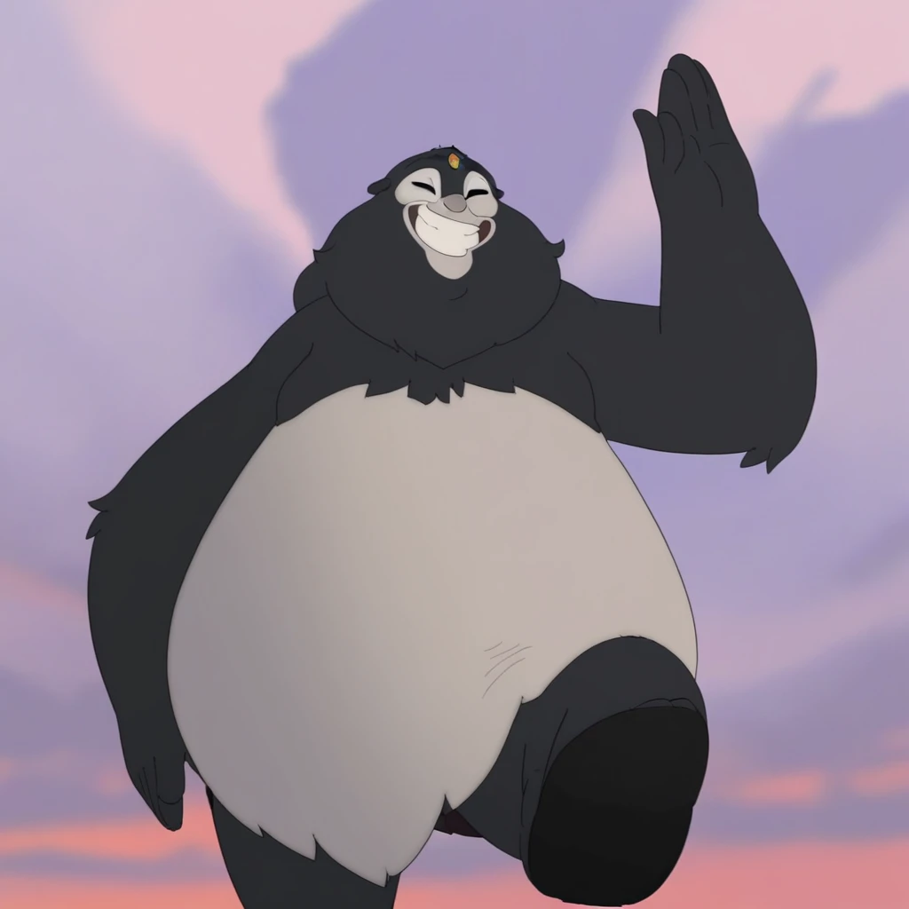 forehead jewel, fat man, closed eyes, arms at sides, fat, cloud, no humans, white fur, smile, blurry background, from behind, waving, standing on one leg, teeth, upper body, simple background