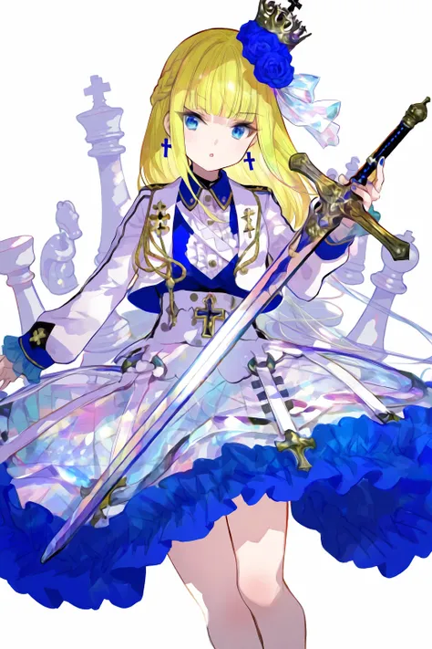 1girl, 
fuzichoco, 
aiguillette, bishop (chess), blue eyes, blue flower, blue nails, blunt bangs, braid, center frills, chess piece, crinoline, cropped jacket, cropped legs, cross, cross earrings, crown, dress, earrings, flower, frilled dress, frilled slee...