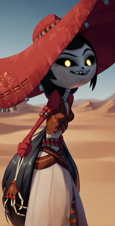 deadsanchez, score_9,score_8_up,score_7_up,score_6_up, solo, 1girl, hat, black hair, black hair, yellow eyes, colored sclera, black sclera, looking at viewer, smug, dynamic pose, desert, <lora:Adelita_Sánchez_Pony_XL_Book_of_Life:1>