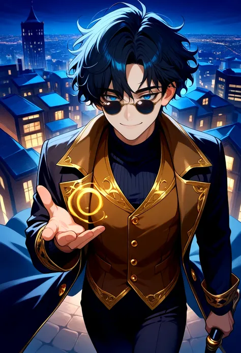 masterpiece, best quality,  1boy, solo,  black hair, messy hair, blue eyes,   black turtleneck,  thick hair,  black clothes,  (gold trim), bangs, brown vest, gold buttons,  black pants, smile,   sunglasses, pince nez,  shirt under vest, black coat,  holdin...