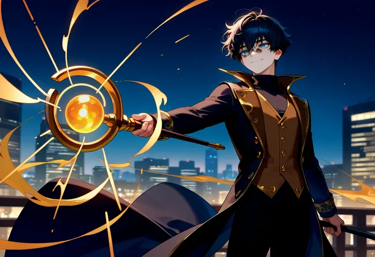 masterpiece, best quality,   1boy, solo,  black hair, messy hair, blue eyes,   black turtleneck,  thick hair,  black clothes, gold trim, bangs, brown vest, gold buttons,  black pants, smile,    pince-nez,  shirt under vest,   short hair,  cityscape, night ...