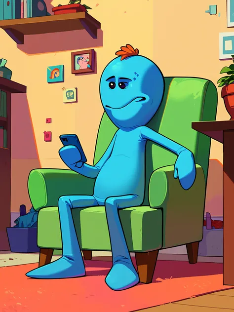 score_9, score_8_up, score_7_up, score_6_up, toon (style), 
 <lora:Mr_Meeseeks__Rick_and_Morty:1> mr meeseeks, solo, full body, muppets, blue skin, no fingers, no toes, reclined in a chair, bored, holding phone,