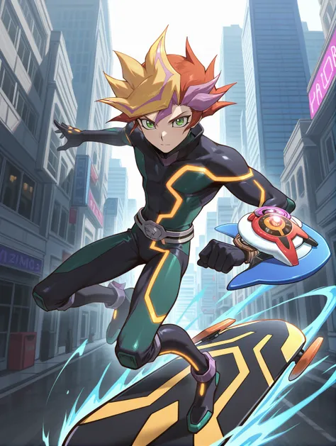 playmaker (yu-gi-oh!),1boy,male focus,solo,sketch,looking at viewer,closed mouth,belt,full body,duel disk,black bodysuit,high collar,riding,city,skateboard,solo
masterpiece,best quality,amazing quality,very aesthetic,absurdres,newest,
<lora:Playmaker, Acce...