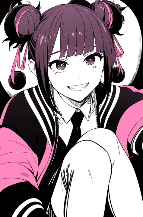 smiling, grinning, sparkling eyes, (monochrome_background:1.0) , pink highlights, hair highlights,  black hair, (black_jacket:1.2), striped jacket, peace sign, v sign,Hinao_(Kagurabachi), 1girl, Double bun hairstyle, sidelocks, odango hairstyle, dual-toned...