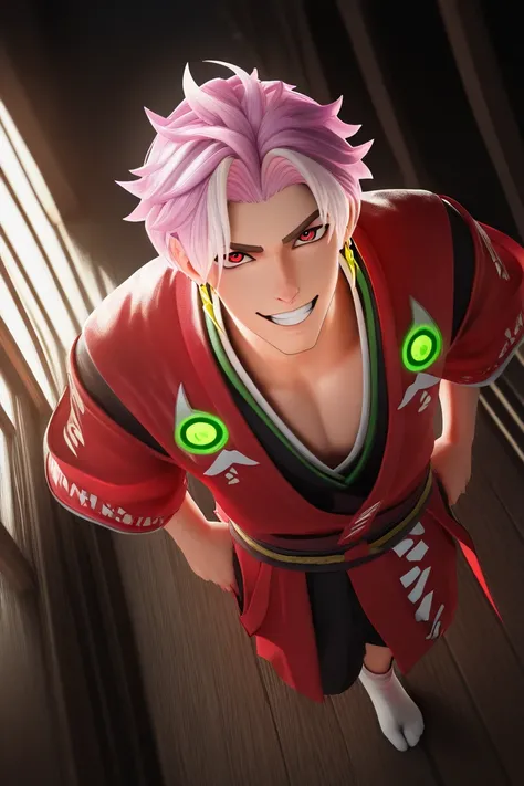 3D, 3D character, day, dark environment, backlighting, glowing, japanese theme, male focus, full body, leaning back, looking up at viewer, expressive face, SPFredrinnML, red_SPFredrinnML_eyes, pink_SPFredrinnML_male hair, gold_SPFredrinnML_earrings, grin, ...