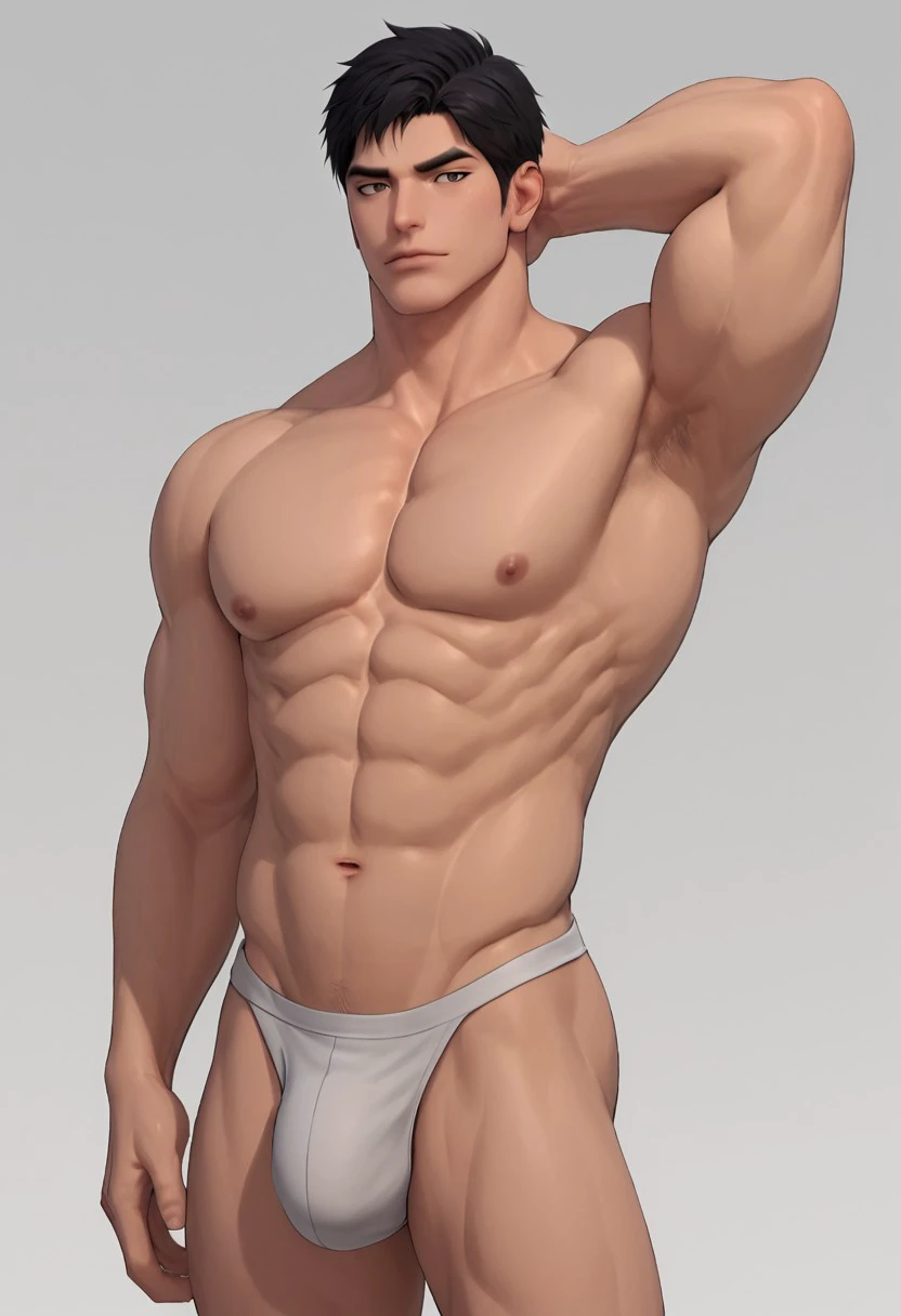 safe_pos, score_9, score_8_up, Jaek3d, nude, thong, solo, looking at viewer, short hair, detail, underwear, bulge, black hair, 1boy, navel, closed mouth, upper body, male focus, muscular, abs, pectorals, muscular male, bara, large pectorals, bare pectorals