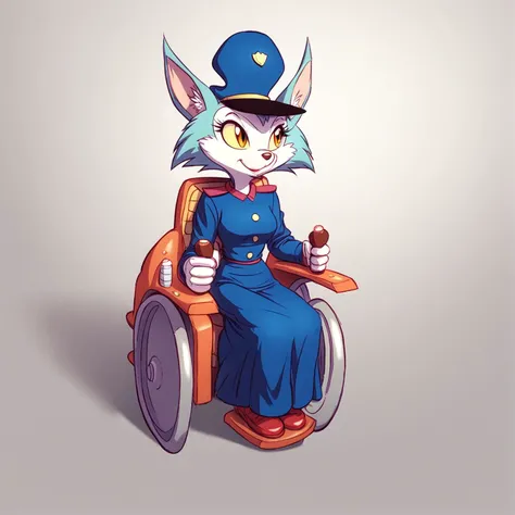 score_9,score_8,score_7,source_furry,
<solo:2.5>,
<1girl:1.5>,
carmen_patrol_03, carmen_fox, fox, fox girl, fanart, solo, sitting, hat, furry, yellow eyes, uniform, 1girl, blue headwear, long sleeves, cybernetics, cybernetic legs, prosthetics, robot legs, ...