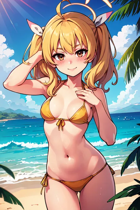 ((masterpiece,best quality)), absurdres,  BREAK, , <lora:Yoshimi_BlueArchive_Citron:0.8>,, zzYoshimi, blonde hair, hair ribbon, halo, ahoge, long hair, brown eyes, BREAK,  bikini, tropical beach, blush,, BREAK, solo, smile, looking at viewer, cowboy shot,