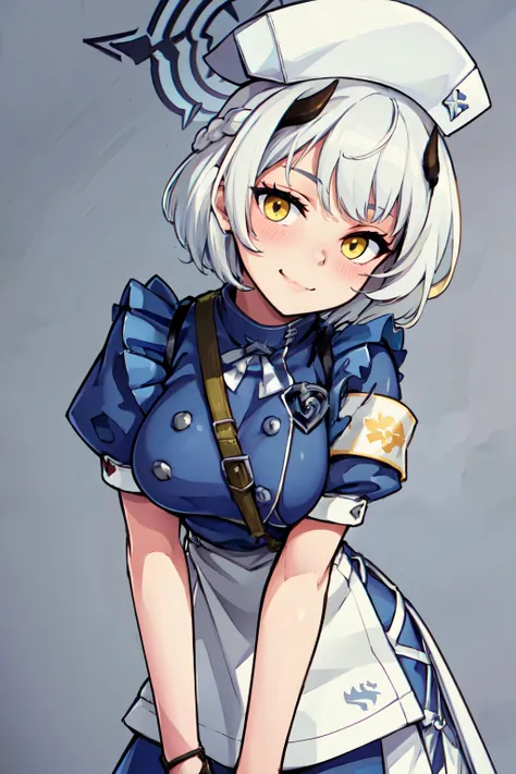 ((masterpiece,best quality)), absurdres,  BREAK, , <lora:Sena_BlueArchive_Citron:0.8>,, zzSena, horns, short hair, halo, yellow eyes, braid, hat, white hair, nurse cap, black horns, grey hair, armband, blue dress, short sleeves, nurse, white apron, hair be...